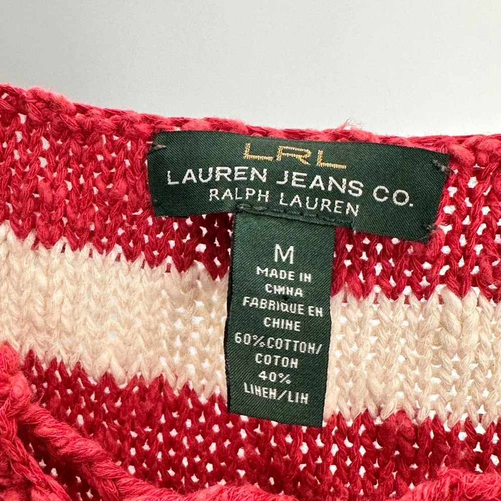 LRL Ralph Lauren Striped Knit Top Sleeveless Lace Up Red‎ Cream Women's M - Picture 5 of 5